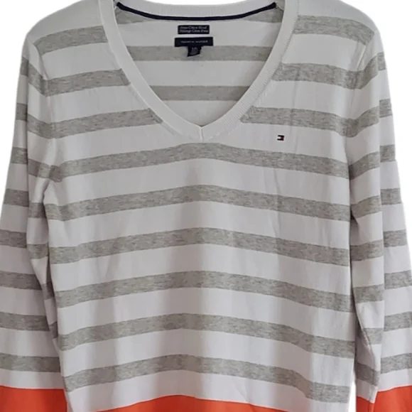 Tommy Hilfiger Womens Size L Pima Cotton Blend Jumper Orange Grey White - Picture 2 of 7